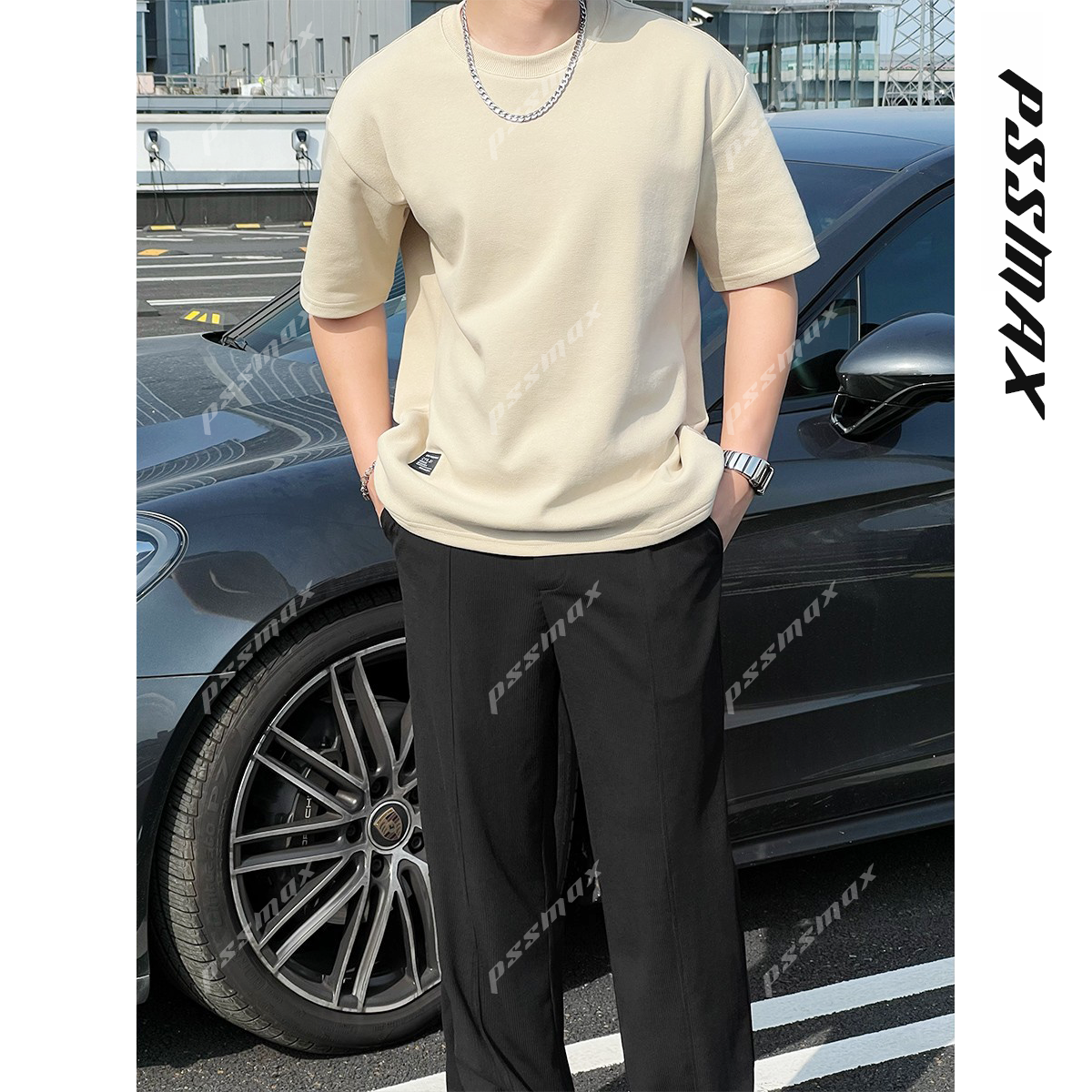 胖俗俗PSSMAX 夏季2026新款男士短袖隐形口袋休闲百搭打底重磅T恤