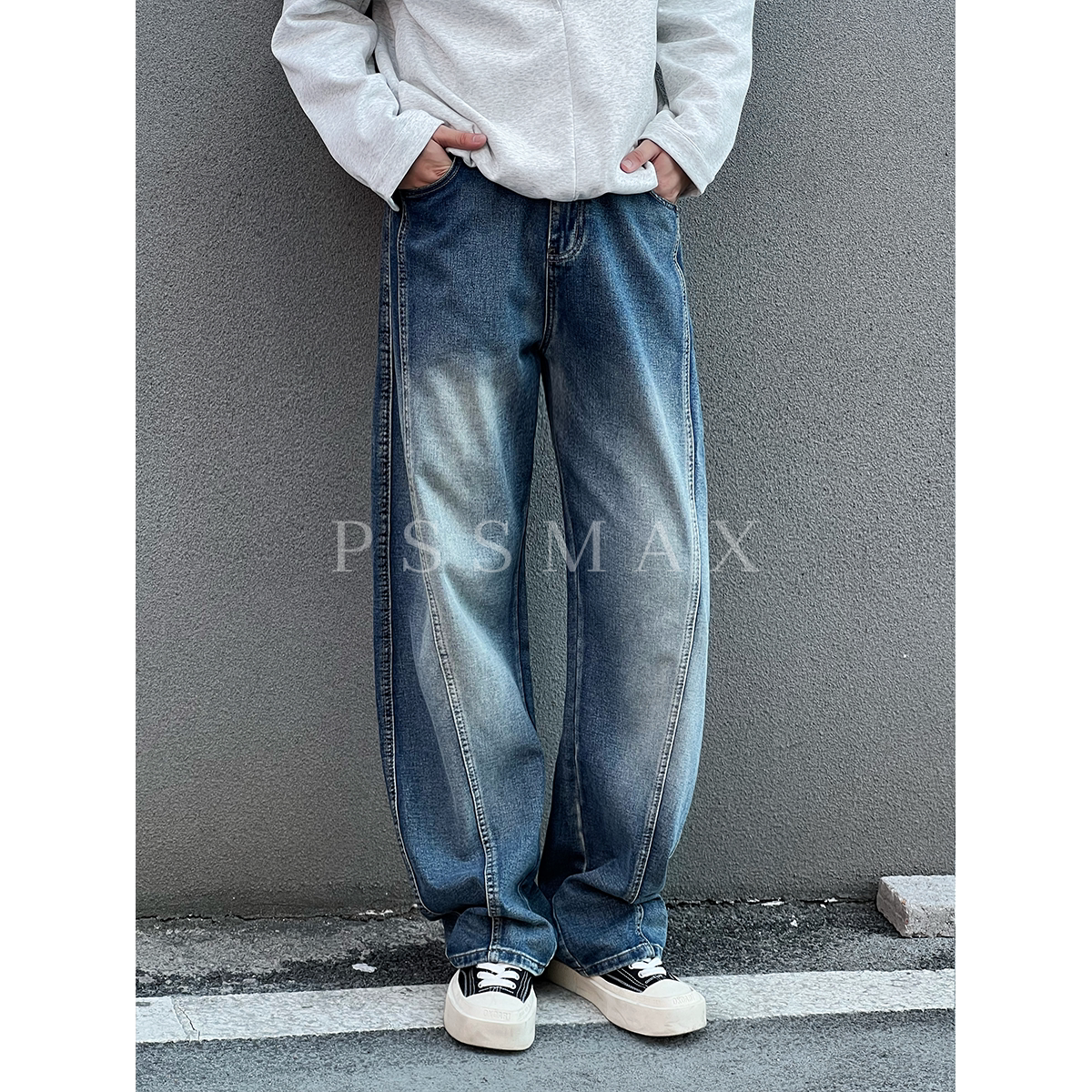 胖俗俗PSSMAX 早秋水洗大码牛仔裤男士宽松结构潮流直筒休闲长裤