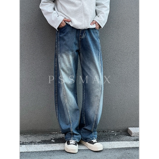 胖俗俗PSSMAX 早秋水洗大码牛仔裤男士宽松结构潮流直筒休闲长裤