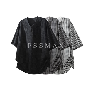胖俗俗 PSSMAX圆领格子POLO衫2026夏季新款宽松休闲短袖T恤男款