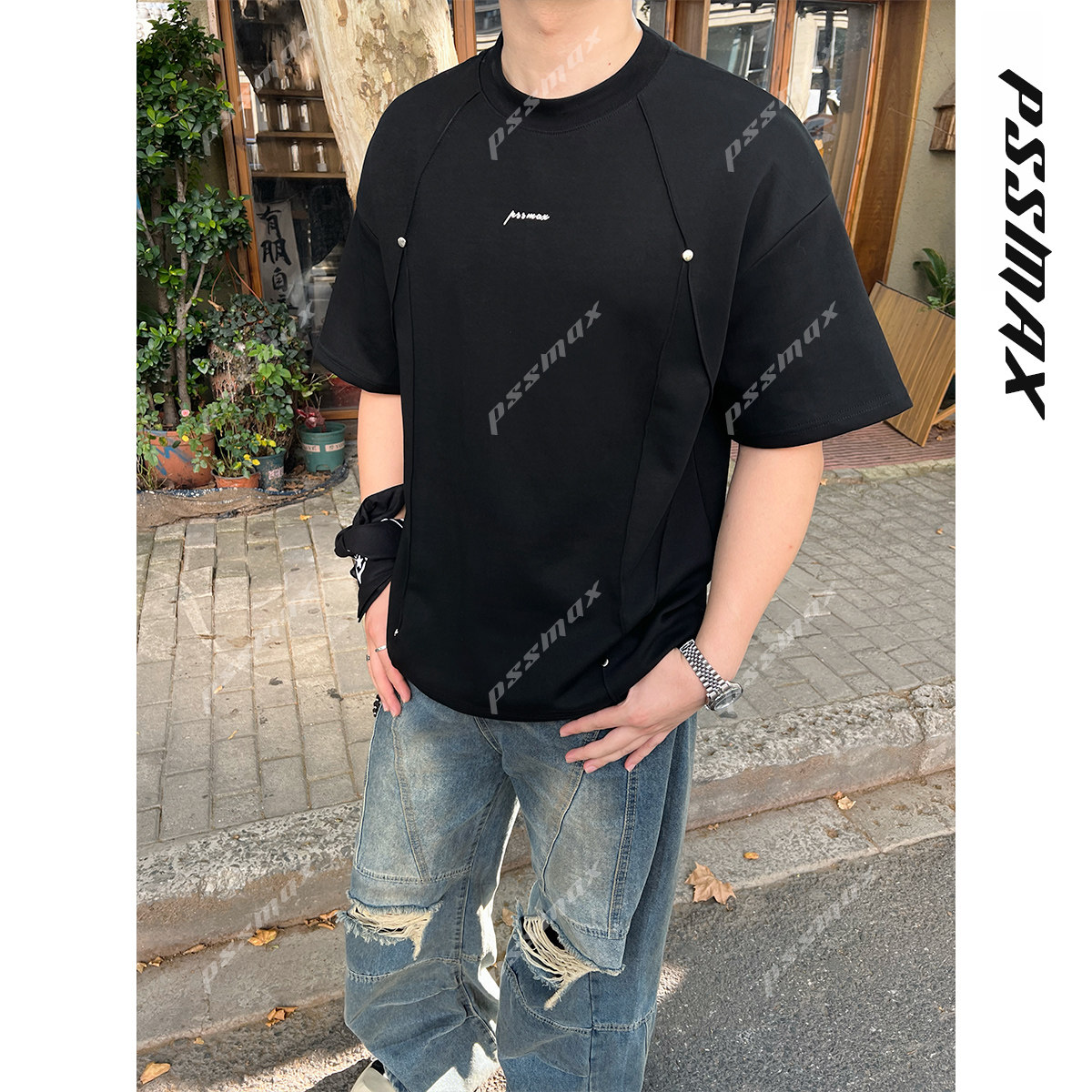 《现货》胖俗俗PSSMAX2026压褶设计铆钉T夏季宽松休闲短袖T恤