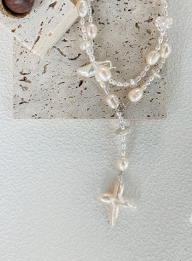 海滨假日-天然十字珍珠项链不规则全珍珠链可调节夏日海边浪漫风