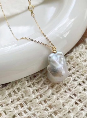 海洋奇缘-天然巴洛克单粒不规则珍珠吊坠入门款14K注金链法式优雅
