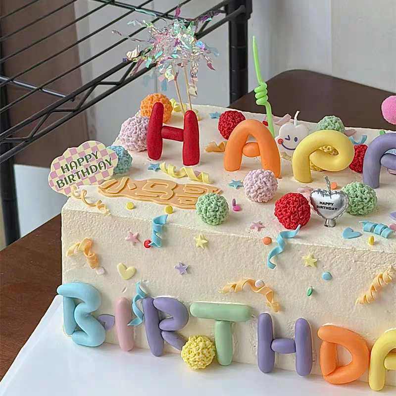 网红多巴胺生日HAPPYBIRTHDAY字母模具蛋糕装饰彩色蜡烛雨丝插件