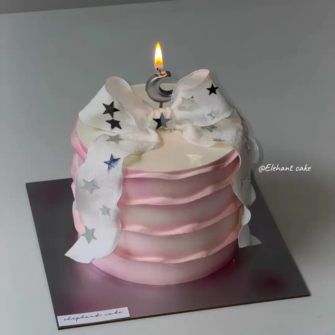 网红简约粉色渐变星星烘焙装饰摆件泡泡丝带蝴蝶结生日蛋糕装饰