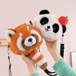 熊猫包包幼儿园卡通斜挎包浣熊男女单肩包儿童百搭毛毛零钱小背包