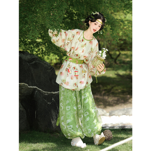 轻汉坊青苹小调 唐制绣花短款圆领袍 汉服女夏季日常 灯笼裤套装