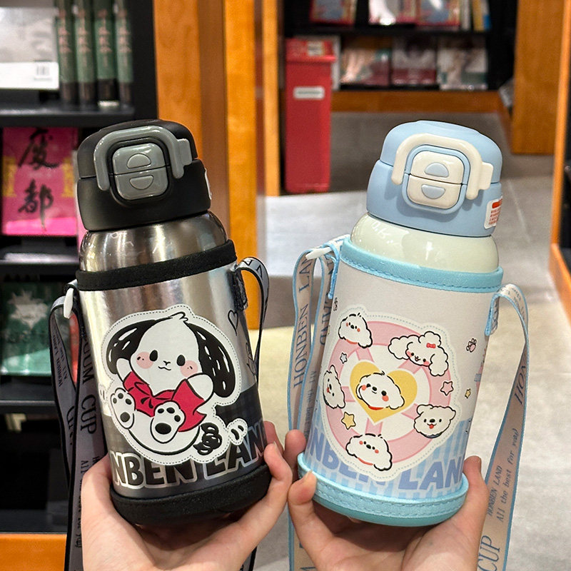 新款316不锈钢高颜值保温杯吸管大容量斜挎便携儿童学生可爱水杯