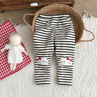 韩版冬款加绒打底裤卡通凯蒂猫可爱裤子秋冬女宝宝条纹长裤女童