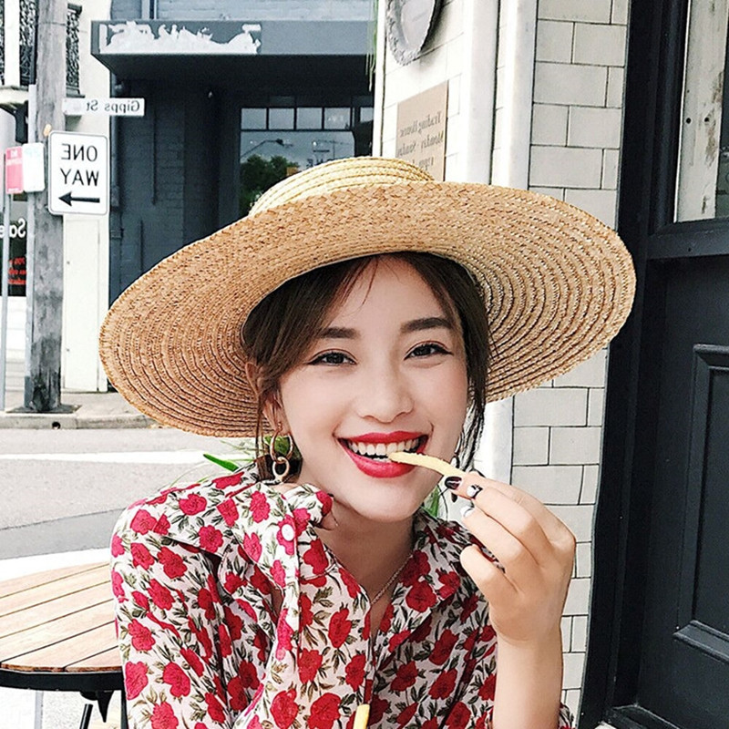 草帽麦秆夏季青年平顶遮阳帽子