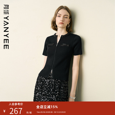 颜域黑色短袖针织开衫女夏装