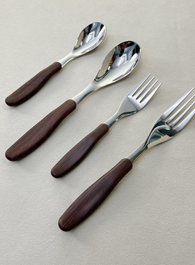 家用18-10不锈钢儿童餐具仿木纹手柄餐勺宝宝辅食勺吃饭喂养勺子