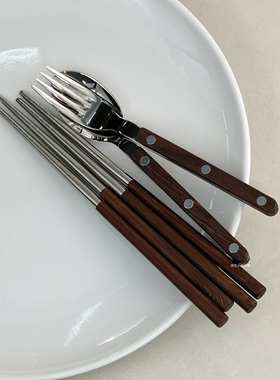 316不锈钢筷子家用餐具ins风儿童吃饭勺小号仿木纹叉子甜品蛋糕叉