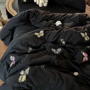 高级感少女蝴蝶刺绣床上被套四件套轻奢简约纯黑色床单三件套春夏
