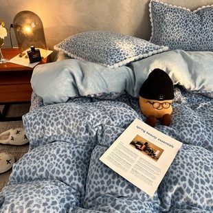ins韩系小清新毛球款 豹纹牛奶绒四件套秋冬保暖加绒被套宿舍3件套