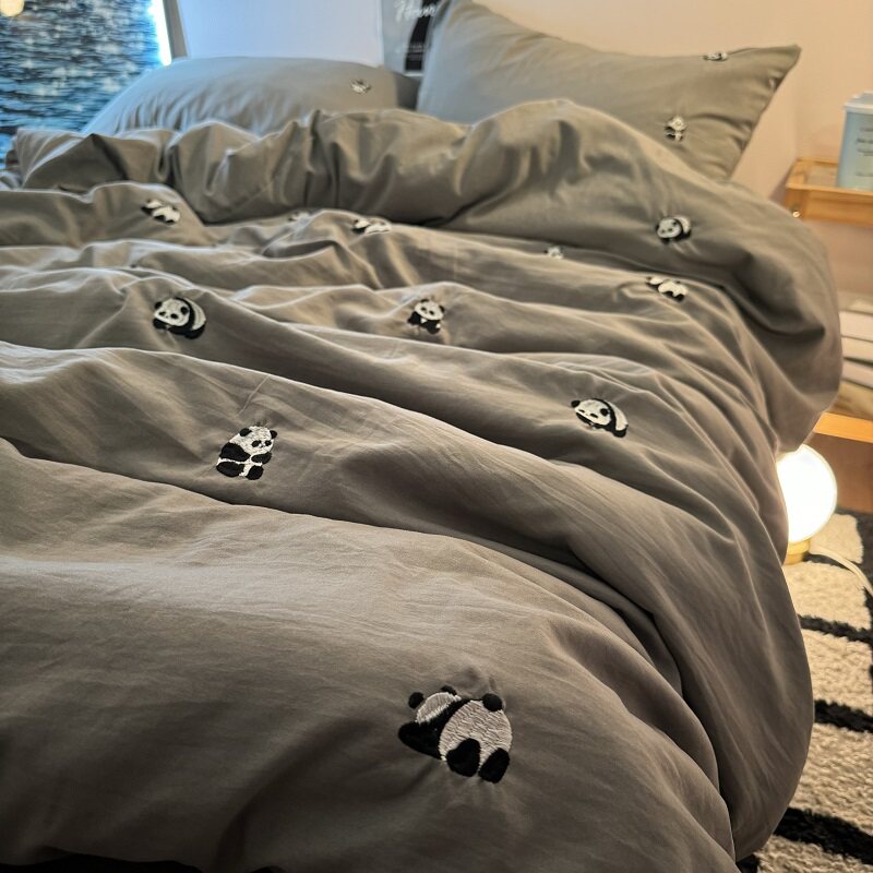 ins卡通刺绣小熊猫灰色简约四件套学生宿舍床单被套三件套非全棉