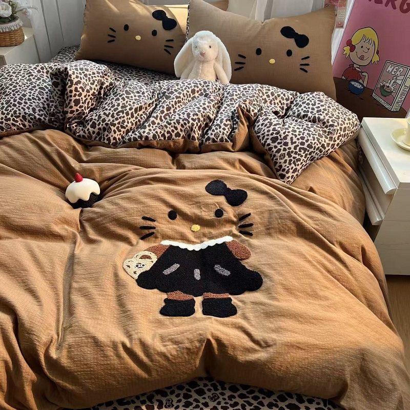 韩系少女心咖色豹纹猫咪刺绣被套四件套超柔云感纱被罩床单三件套