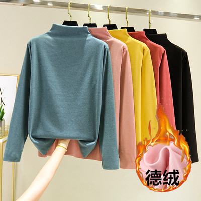 双面德绒半高领打底衫女秋冬自发热无痕长袖加绒加厚内搭磨毛上衣