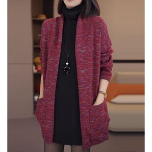 休闲慵懒风开衫针织外套女中长款宽松百搭时髦红色毛衣女装上衣潮