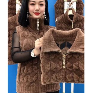 秋冬仿水貂绒马甲女款针织背心无袖开衫外套中老年妈妈坎肩外搭春