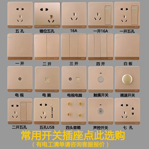 86大板香槟金五孔开单双控开关