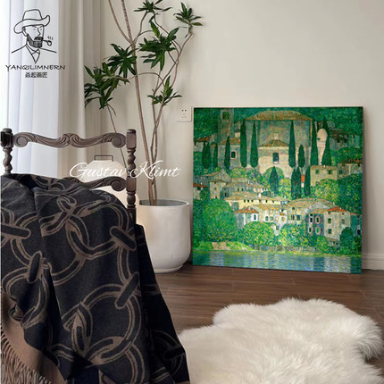纯手绘油画《卡颂的教堂》克里姆特绿色调印象派卧室客厅装饰画