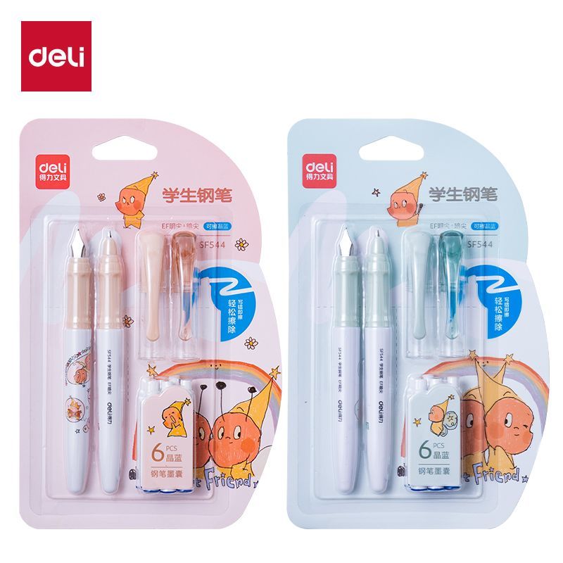 得力星星人魔笔可擦钢笔学生用EF明尖练字墨囊钢笔黑色/晶蓝暗尖