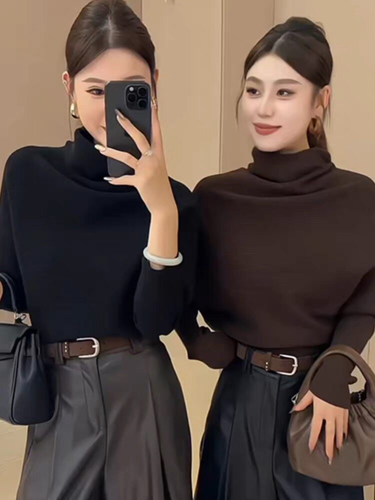 2025秋冬新款韩版宽松显瘦百搭纯色针织衫女高领毛衣打底上衣潮