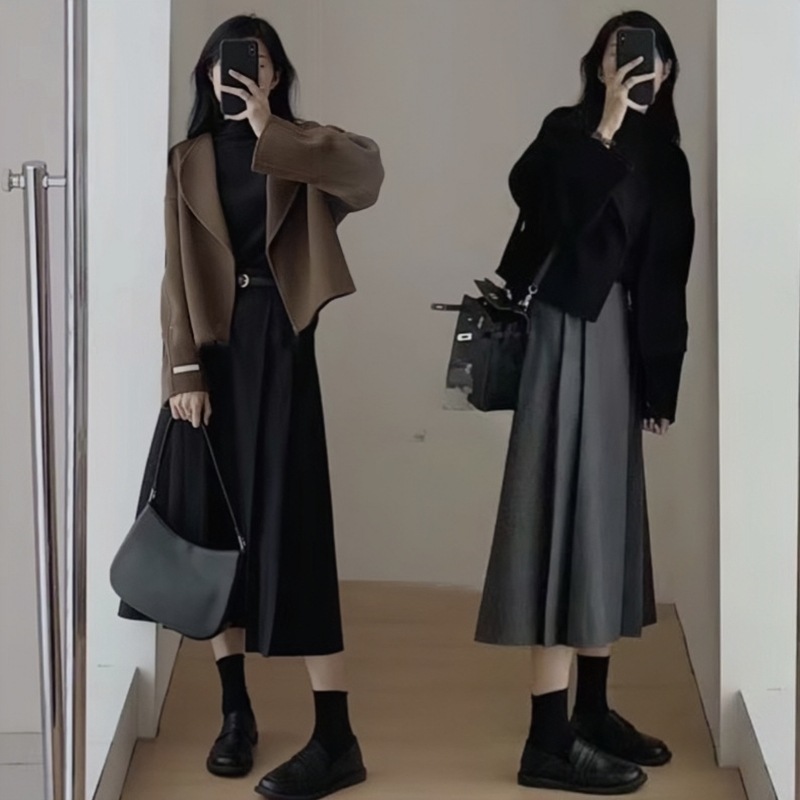 美拉德套装女秋冬大码微胖mm显瘦高级感呢子西装外套连衣裙