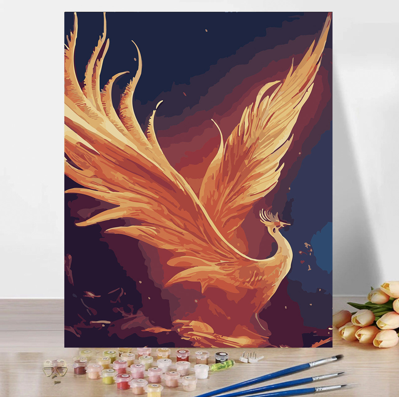 神兽凤凰数字油画手绘diy中式火凤凰填色画手工填充丙烯油彩画画