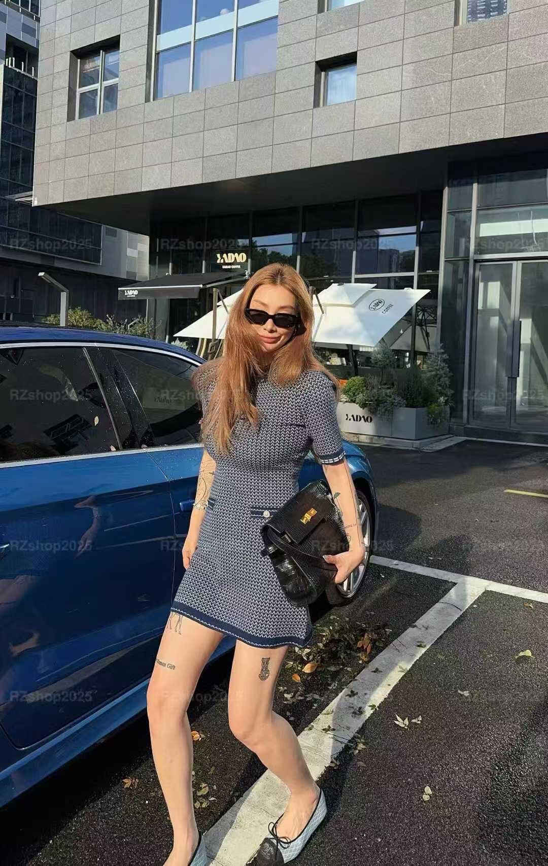 韩版复古拼色修身短袖针织裙秋季连衣裙