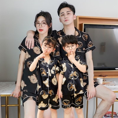 亲子装冰丝一家三口装家居服睡衣