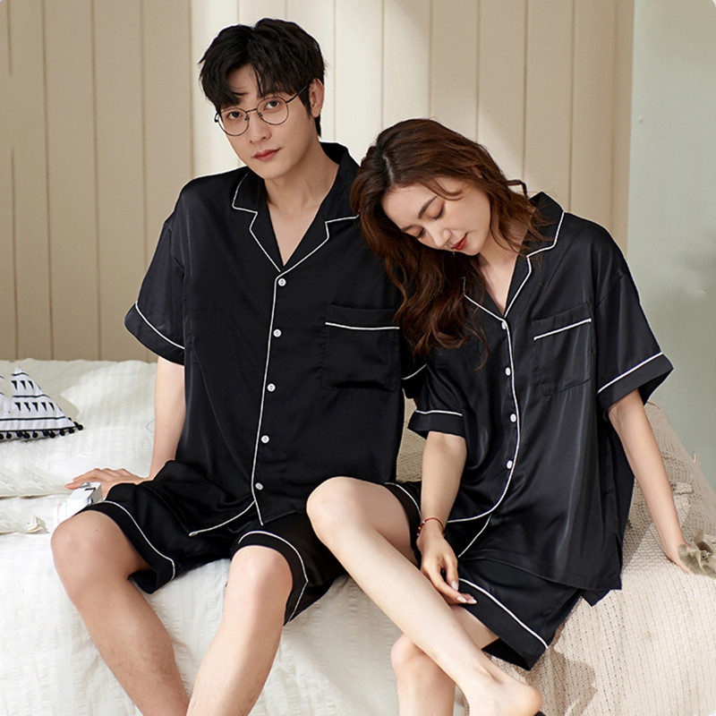 情侣睡衣女夏季冰丝短袖薄款男士网红黑色主流独家夏天家居服套装