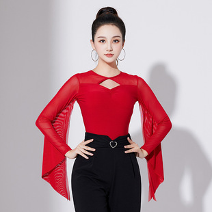 拉丁舞服女新款长袖舞衣交谊舞网纱飘袖时尚舞蹈服2023摩登舞上衣
