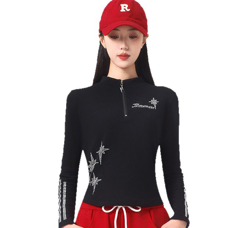 女士广场舞服装螺纹棉加绒拉链烫钻运动健身休闲舞蹈服秋冬打底衫