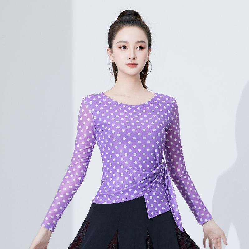 网纱波点印花舞蹈服现代舞古典舞长袖中袖练功服系带收腰显瘦上衣