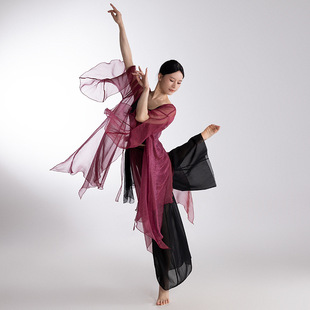 酒红色复古演出服宽松长纱衣绑带舞蹈服外披裤裙飘逸仙气古典舞蹈