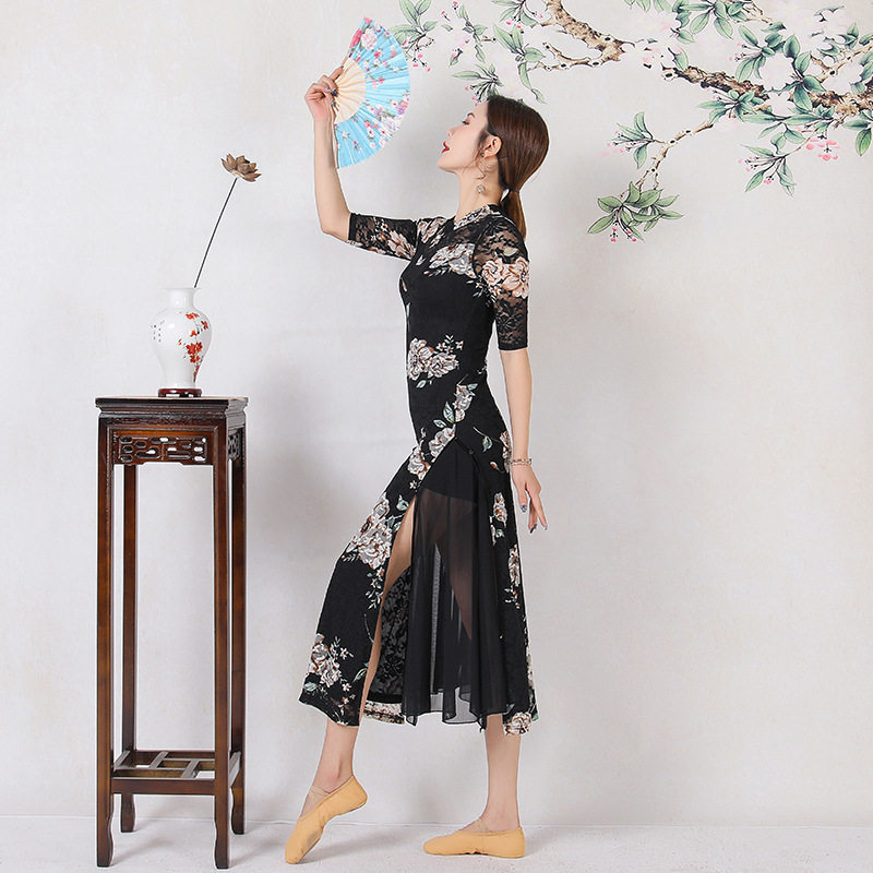 古典舞旗袍舞蹈中国风身韵飘逸表演长裙新款开叉现代舞演出练功服