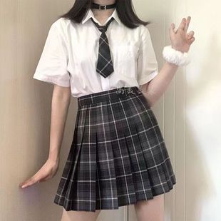 日系半身裙女百褶裙衬衫 JK制服裙正版 短袖 套装 夏 烟灰格裙全套夏季