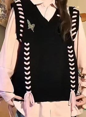 韩系蝴蝶明线穿绳毛衣黑色背心马甲叠穿衬衫校园风马甲秋季两件套