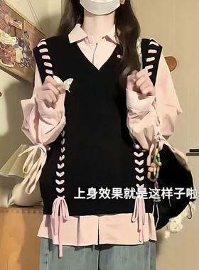 韩系蝴蝶明线穿绳毛衣黑色背心马甲叠穿衬衫校园风马甲秋季两件套