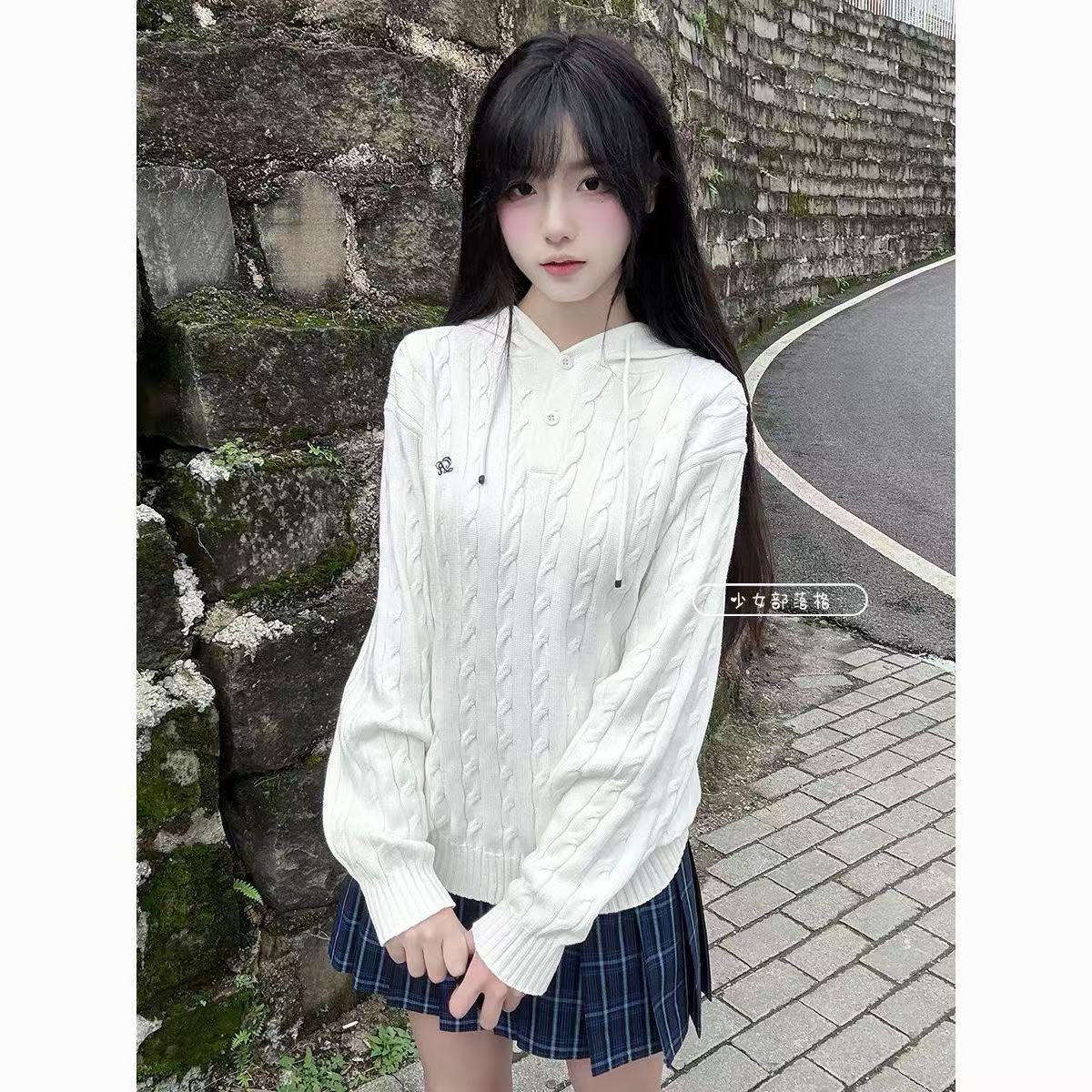 JK制服日系学院风白色连帽毛衣