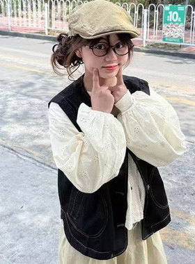 秋季韩系新款修身黑色马甲开衫宽松绣花镂空衬衫搭配高腰款半身裙