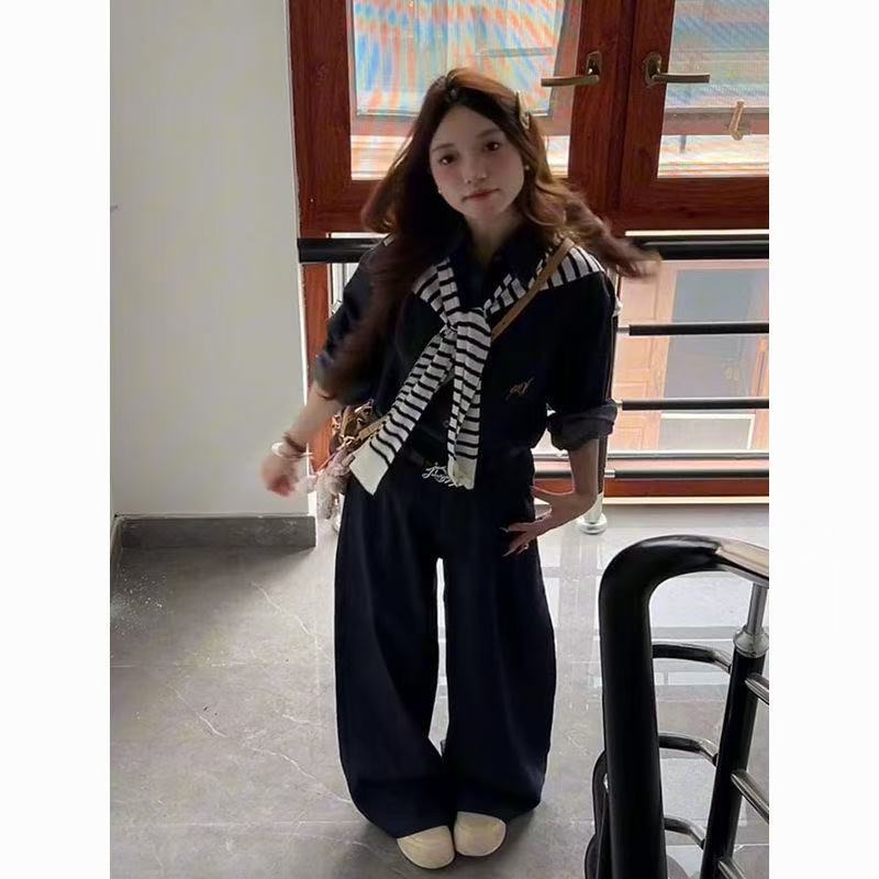 牛仔长袖衬衫学院条纹披肩阔腿裤