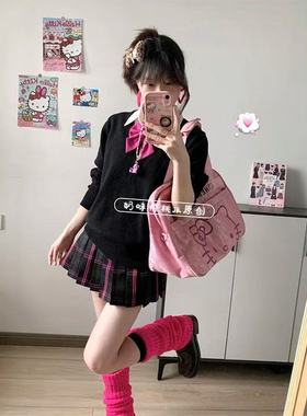 水济中/原创JK黑色毛衣套装V领套头班服刺绣长袖针织衫秋冬校供感