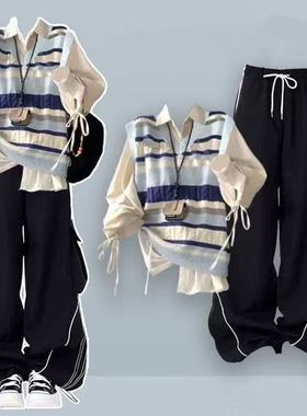 2025春季新款韩系学生穿搭拼色马甲女+抽绳衬衫+黑色工装裤三件套