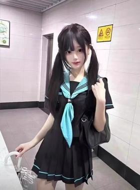 日系JK水手服制服套装裙黑色系学院风海军领衬衣高腰百褶裙两件套
