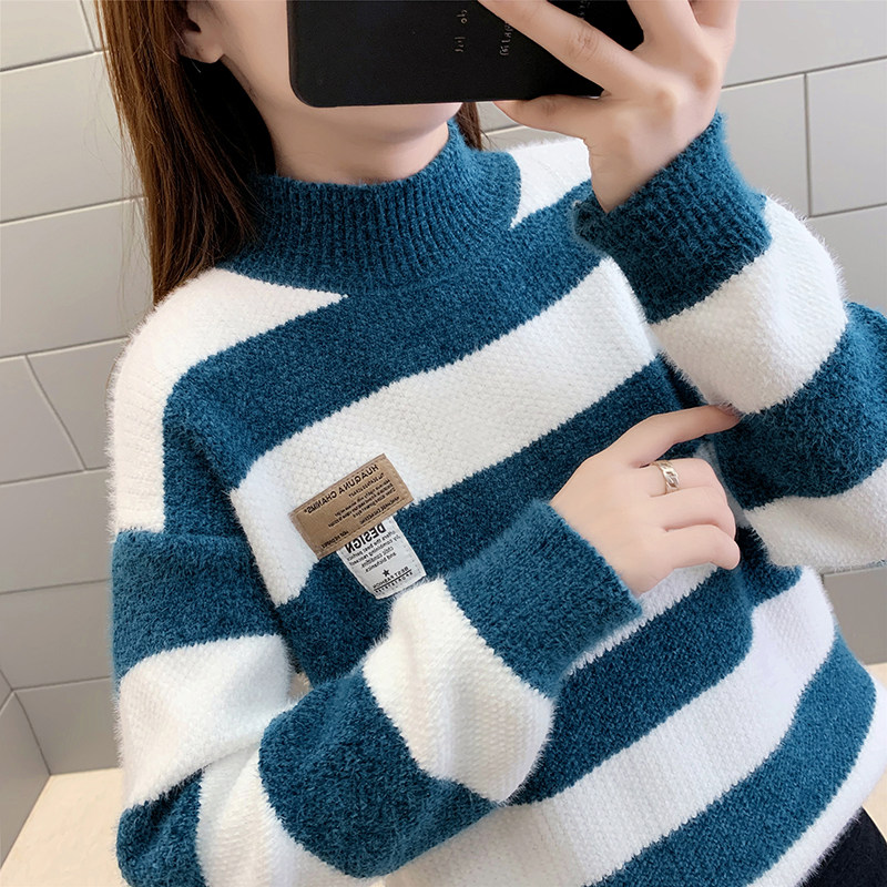 2022新款加厚女士水貂绒打底衫毛衣条纹套头宽松高领秋冬针织上衣