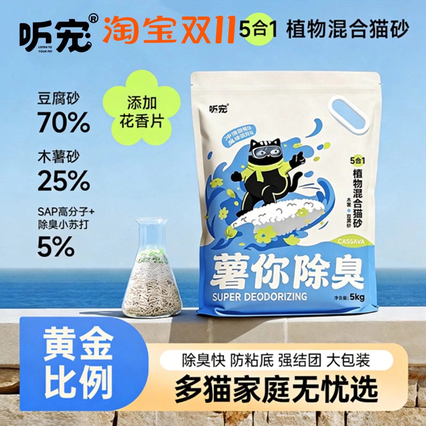 听宠五合一植物混合猫砂分解除臭不粘底结团木薯豆腐猫砂海洋泡泡