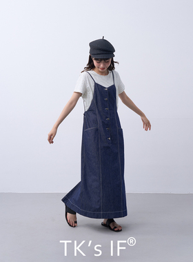 活性高色牢牛仔系绳吊带大口袋连衣裙